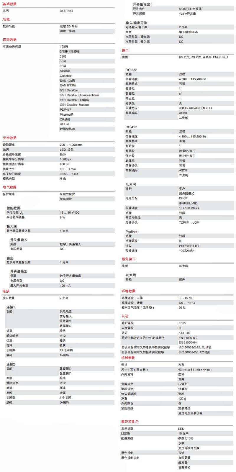 DCR 202i FIX-L2-102-R3 條碼閱讀器的技術參數(shù)明細表