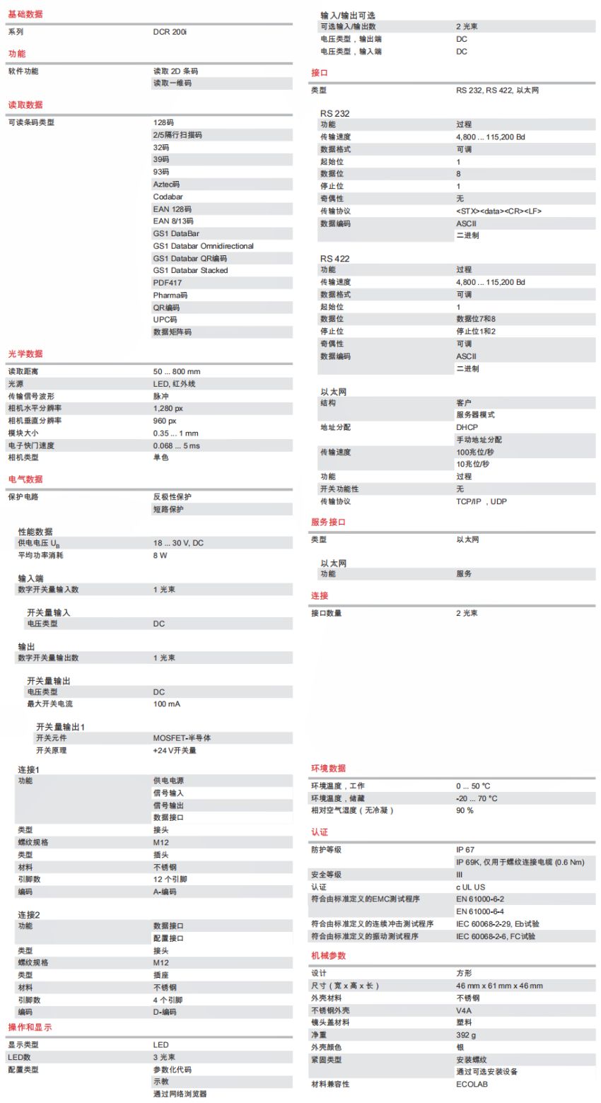 DCR 202i FIX-L1-102-I3-V 條碼閱讀器的技術(shù)參數(shù)明細(xì)表